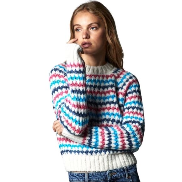 Zara Multicolor Rainbow Stripe Knit Sweater Soft Cozy Oversized Crew Neck Size S - Picture 2 of 8